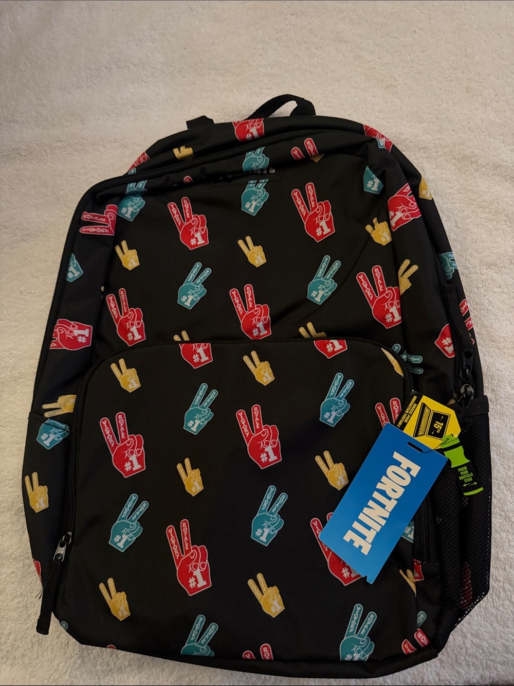 Fortnite Black Backpack with Multi-Color Peace Sign Print. NWT